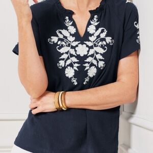 Talbots Womens Navy Blue Crinkle Gauze Embroidered Blouse Size Small Boho